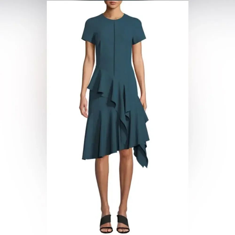 NWT Josie Natori bi-stretch dress with asymmetric ruffled frills  Size 2 Teal